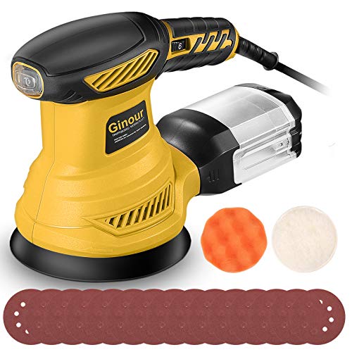 Ponceuse Excentrique Ginour 300W 13000OPM 6 Vitesses Variables 15PCS 125mm Disque de Ponçage(Grain Abrasif de 80, 120, 180) 1 Disque en éponge 1 Disque en laine Dépoussiéreur pour Ponçage, Polissage