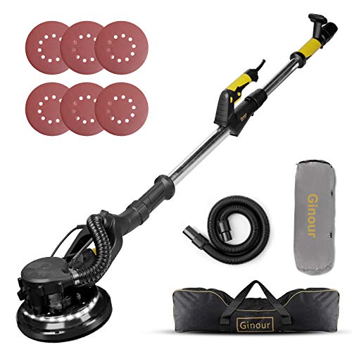 Ponceuse Girafe, Ginour 750W Ponceuse Girafe Mur et Plafond 1800RPM, 7 Vitesses Réglables, Ø 225 mm Disque de Ponçage, Manche télescopique 165cm, 6 Papiers de Verre, Lumière LED Tête Pivotante