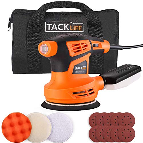 TACKLIFE Ponceuse Excentrique (280 W, 125 mm), Mise à Niveau avec 10 pièces de Disques de Ponçage, 3 pièces de Tampons à Polir et 1 sac portable Équipé d’Une Boîte à Poussière | PRS02A