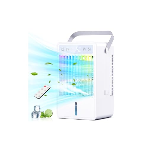 Climatiseur Mobile Ultra-Silencieux, Mini Refroidisseur d'Air USB avec Télécommande - 5 Vitesses Ajustables & 3 Modes, Minuterie 2-10H, LED RGB 7 Couleurs, Refroidissement Rapide avec Réservoir 1500ml