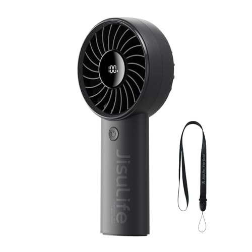 JISULIFE Mini ventilateur portable 5000 mAh avec vent puissant, mini ventilateur rechargeable par USB avec affichage numérique, 5 vitesses de vent, idéal pour les voyages, l'école, les cils - Noir