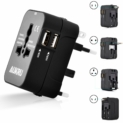 Adaptateur secteur universel, chargeur de voyage avec 2 ports USB (5V 2.1A). Adaptateur compatible avec 183 pays (EU/US/UK/AU). Douille universelle – Coloris: Noir