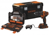 BLACK+DECKER BDCHD18S1KA-QW Perceuse à percussion sans fil – 1 batterie – 40 Nm – 21 000 cps/min – 2 Vitesses – 104 accessoires – Livrée en boite à outil, 18V