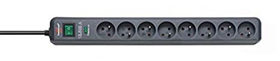 Bloc de 8 Prises secteur avec prise de terre, longueur 1,4 m, avec parasurtenseur 13500 A. Pour usage domestique. Coloris Anthracite