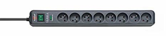 Bloc de 8 Prises secteur avec prise de terre, longueur 1,4 m, avec parasurtenseur 13500 A. Pour usage domestique. Coloris Anthracite