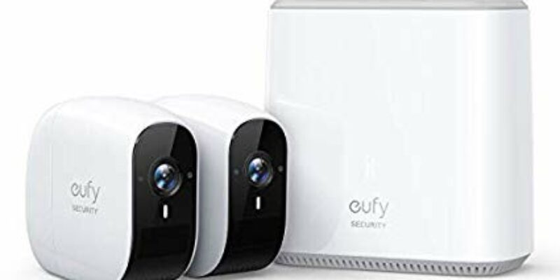 Caméras de sécurité sans fil eufy Security eufyCam E. Base et 2 caméras, autonomie d’un an. Vidéo 1080p, alarme 100dB, livrées avec carte micro SD 16GB. Audio bidirectionnel, étanche IP65