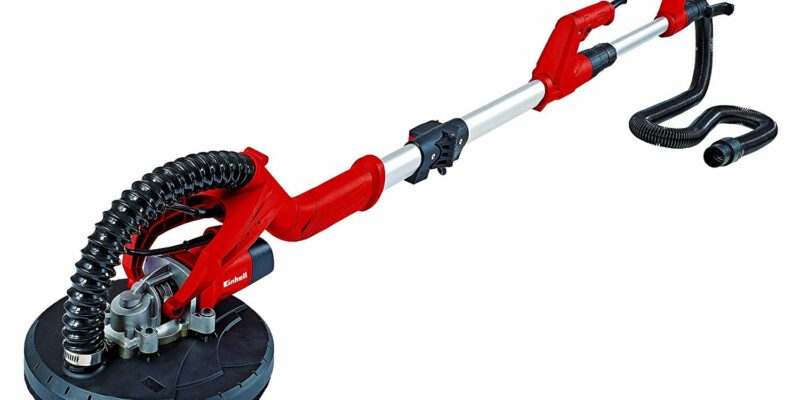Ponceuse girafe Einhell TC-DW 225,600 W. Longueur du câble : 400 cm, manche télescopique en continu jusqu’à 165 cm. Livrée en coffret avec 6 disques de ponçage 225 mm