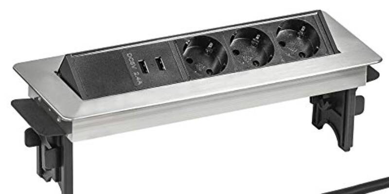 Elbe Prise encastrable Plan de Travail en Acier INOX 4 Prises Norme Allemande Bloc Prise escamotable Prise pour Plan de Travail Multiprise escamotable pour Cuisine Bureau Salle de Réunion EL4704M