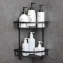 Gricol Etagère de Douche d’angle sans Perçage en Aluminium Aéronautique Tablette Antirouille Auto-adhésif avec 2 Crochets pour Articles de Salle de Bains 2 Pièces (Noir)