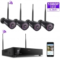 (H.264+) Kit caméras de surveillance sans fil, 4 caméras 1080P WiFi étanches,détection mouvement, vision nocturne, envoi d’alerte email, lecture sur portable et PC, installatino intérieur et extérieur