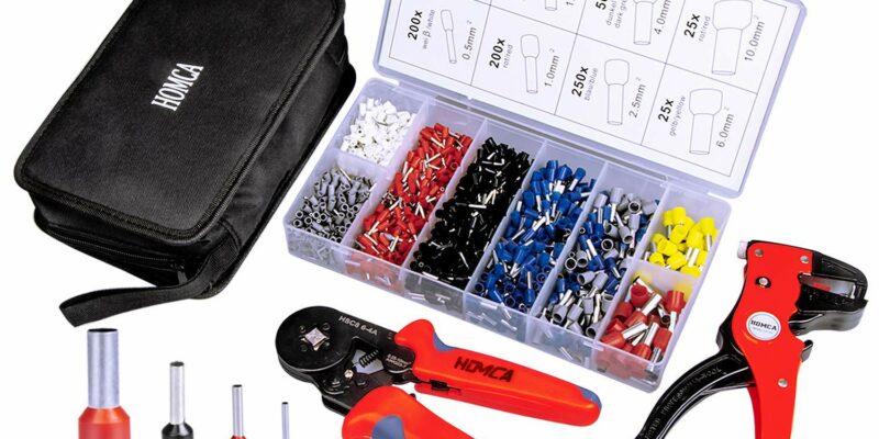 Ensemble de pinces à sertir et à dénuder. Livré avec 1200 embouts de cablage, cosse de cable 0.25-10.00 mm². Kit complet de sertissage dans un sac à outils