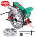 HYCHIKA Scie Circulaire 1500W, 6 Vitesses Réglables, 2200-4700PRM, 2 Lames de Scie Ø 190mm (40T&24T), Profondeur de Coupe Max.:65mm(90°), 45mm(45°), Moteur en Cuivre Pur, 3m Cordon d’alimentation
