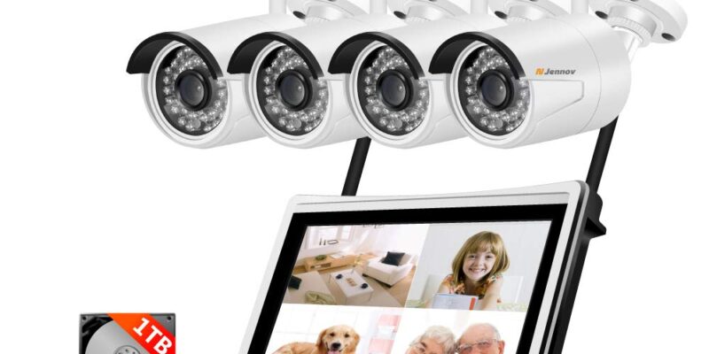 Caméra de Sécurité sans Fil JENNOV HD 1080P Vidéosurveillance avec Wifi 4Pcs Étanche LCD 12”