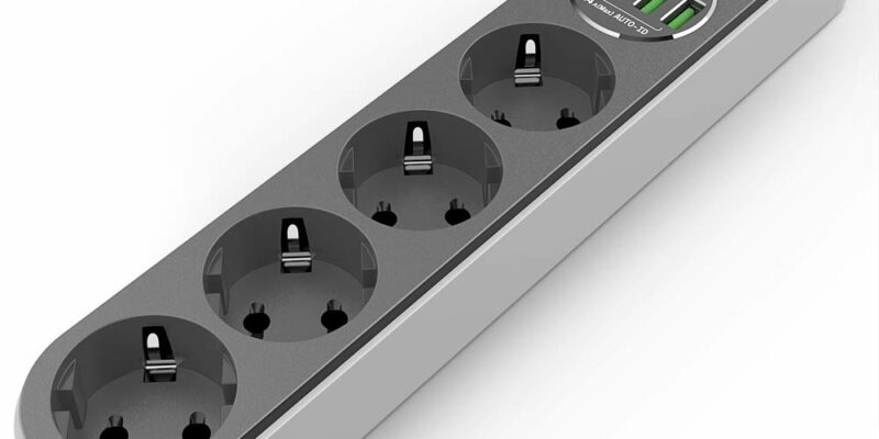 Multiprise 4 ports USB, parasurtenseur parafoudre, 4 prises avec interrupteur de surtension. Cordon de 2m, couleur Noir