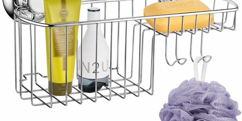 Panier étagère de rangement pour salle de bains et cuisine. Se fixe sans ventouse et sans Perforation. En acier inoxydable