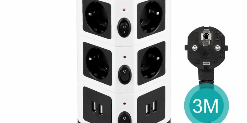 Multiprise USB avec 10 prises électriques et 4 ports USB. Tour multiprise parasurtenseur parafoudre, 2500W/10A, 3 mètres de câble. Couleur: Noir et Blanc