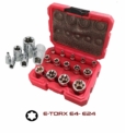 Douilles torx femelle E4 à E24 en coffret avec carré d’entrainement 1/4″ 3/8″ et 1/2″ 14 pièces