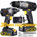 Lot perceuse et visseuse sans fil TECCPO Professional 18V sans fil 60Nm: visseuse à chocs 180Nm, 2 batteries 2.0Ah. Livrées avec 29 accessoires. Perceuses combi, charge rapide 30 minutes
