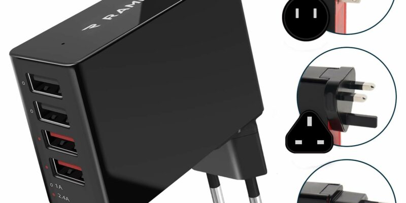 Chargeur rapide pour iPhone, iPad, Samsung. 4 Ports USB (34W/6.8A), Garantie à vie. Adaptateur prise électrique tous pays. Couleur Noir