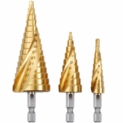 Rovtop 3PCS Foret Fraise Meche Etage, HSS Inox Metal, 4-12/20/32mm, Triangle Conique Titane, avec Tige Hexagone, Pour Visseuse Percage sur Acier, Laiton, Bois, Plastique