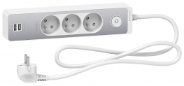 Bloc multiprises Schneider Electric SC5ST933U1WA. 3 Prises 2P+T blanche, finition aluminium brossé. 2 ports usb, longueur 1,5m