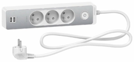 Bloc multiprises Schneider Electric SC5ST933U1WA. 3 Prises 2P+T blanche, finition aluminium brossé. 2 ports usb, longueur 1,5m