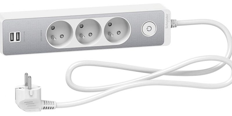 Bloc multiprises Schneider Electric SC5ST933U1WA. 3 Prises 2P+T blanche, finition aluminium brossé. 2 ports usb, longueur 1,5m