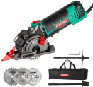 Scie Circulaire, HYCHIKA 500W Mini Scie Circulaire, 4500RPM, Profondeur de coupe: 0-25mm, Moteur en Cuivre Pur, 3 Lames pour les coupes de bois, de métal mou, de carreaux et de plastique
