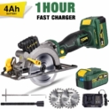 Scie Circulaire sans Fil, TECCPO 18V Mini Scie Circulaire avec Laser, 4.0Ah Batterie, 1h Chargeur Rapide, 4500RPM, Angle de Coupe Réglable à 45 °, 2 Lames de 115mm (24T) pour le Bois – TDMS22P