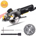 Scie Circulaire, TECCPO Mini Scie Circulaire, Vitesse de Rotation de 3500rpm, avec Laser, Angle Réglable à 45 °, 115mm Lame, Moteur en Fil de Cuivre Pur, Meilleur Choix pour Couper du Bois – TAMS24P