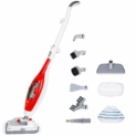 Balai vapeur, nettoyeur manuel portatif multifonctionnel. Puissance 1300W, il permet de nettoyer et stériliser planchers, vitres, tapis, rideaux et carreaux. Livré avec de nombreux accessoires. Coloris: Blanc/Rouge