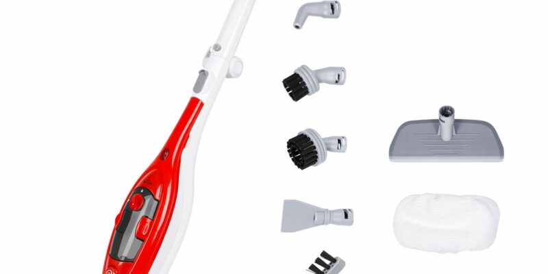 Balai vapeur, nettoyeur manuel portatif multifonctionnel. Puissance 1300W, il permet de nettoyer et stériliser planchers, vitres, tapis, rideaux et carreaux. Livré avec de nombreux accessoires. Coloris: Blanc/Rouge