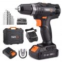 Perceuse Visseuse sans Fil TACKLIFE PCD05B. 18V à 2 vitesses, 2 x 2.0 batteries Lithium-ion. Charge 1h, 19+1 Couples de Serrage (30N.m). Mandrin métal 10mm, livrée avec 43 accessoires.