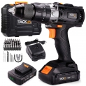Perceuse visseuse sans fil TACKLIFE. 18V à 2 vitesses avec marteau et 2 batteries Lithium-ion (2,0 Ah). Mandrin en métal 13mm max Couple 35N. m, charge rapide 1h. Livrée avec 43 accessoires.