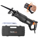 Scie sabre TACKLIFE. Poignées orientables. Scie égoïne, puissance 850W – 0~2800RPM. Équipé de LED, 2 lames (Bois 6T HCS, Métal 14T BIM). Profondeur de Coupe : Bois 180mm, Métal 10mm. Livrée dans un Coffret.