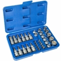 Coffret de 34 douilles TecTake. Clé douille intérieur et extérieur, embouts en étoile torx femelle.