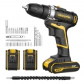 Perceuse Visseuse Sans Fil URCERI 21V. 42N.m. 2 batteries Lithium-ion, charge rapide. 2 vitesses réglables (0-400rpm / 0-1500rpm) 17 + 1 réglage du couple. Livrée avec 30 Accessoires.