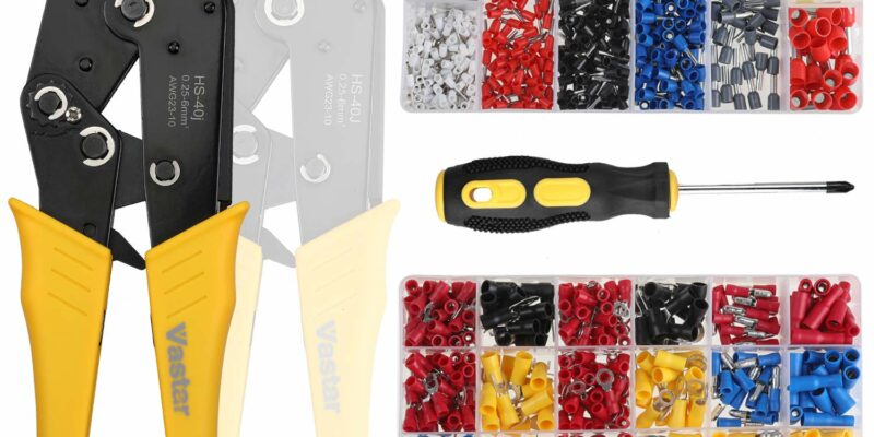 Kit pinces à sertir 2 en 1 Vastar avec 2 mâchoires interchangeables. Contient 370 pcs + une boite de 800pcs. Boîtes à bornes sertir isolées, cosses électriques, Câbles de Cosses 0,25-10,00 mm² et 0,25-6mm²
