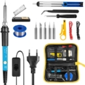 WaxRhyed Fer à Souder Kit de Soudure 60W 220V à Température Réglable avec 5 têtes à Soudure, Pompe à Dessouder, Support, Fil de Soudure,Brucelles Antistatiques,Tournevis et Sac à Outils en PU Portatif