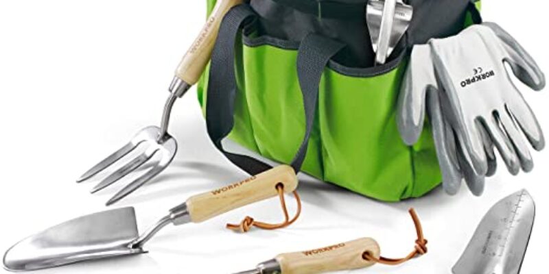WORKPRO Outils de Jardinage, 7 Pièces, Ensemble de Jardinage en Acier Inoxydable Lourd avec Poignée de Bois, Sécateur, Gants, Sarcloir, Griffe, Fourche, Pelle à Terreau, Transplantoire pour Jardinier